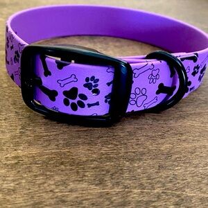 Purple biothane dog collar with black bones and paw print Handcrafted NWT